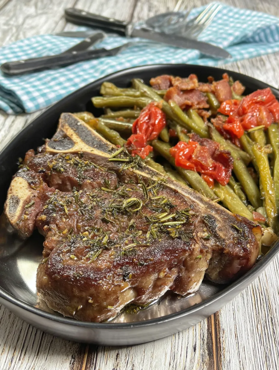 Ein schwarzes Teller mit Steak, Bacon, Tomaten, Gurken und Reis.