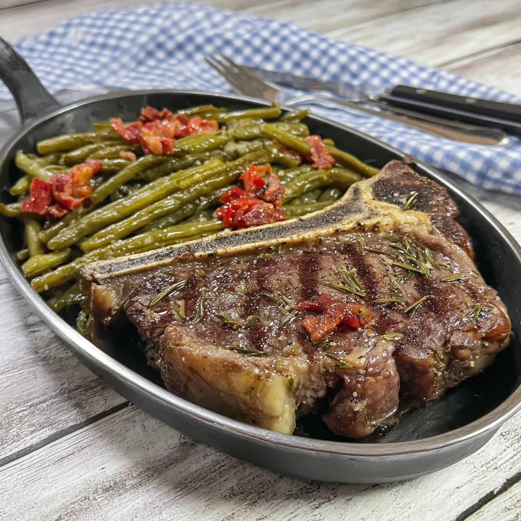 Ein Schinken mit grünen Bohnen und Tomaten in einem Schalen.