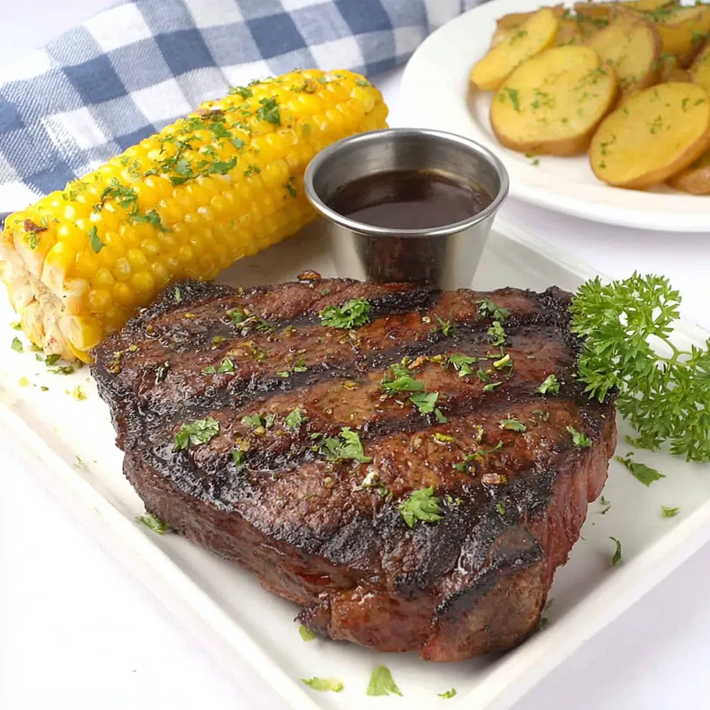 Eine Tafel mit einer Steak-Portion und Kartoffeln.