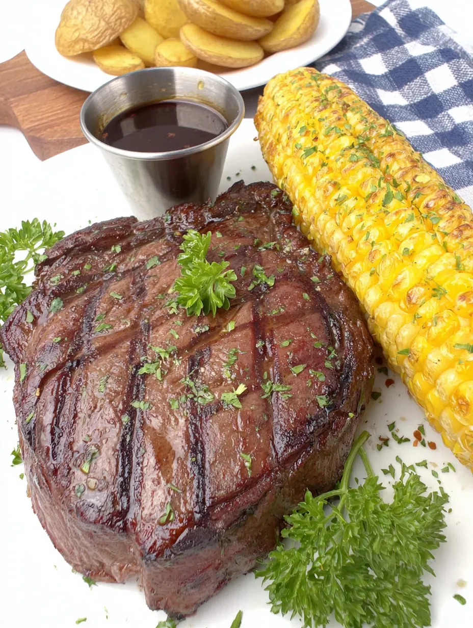 Eine prägnante Bildbeschreibung auf Deutsch lautet: "Ein Rindfleischstück mit Kartoffeln und einer Sauce auf einem Teller.