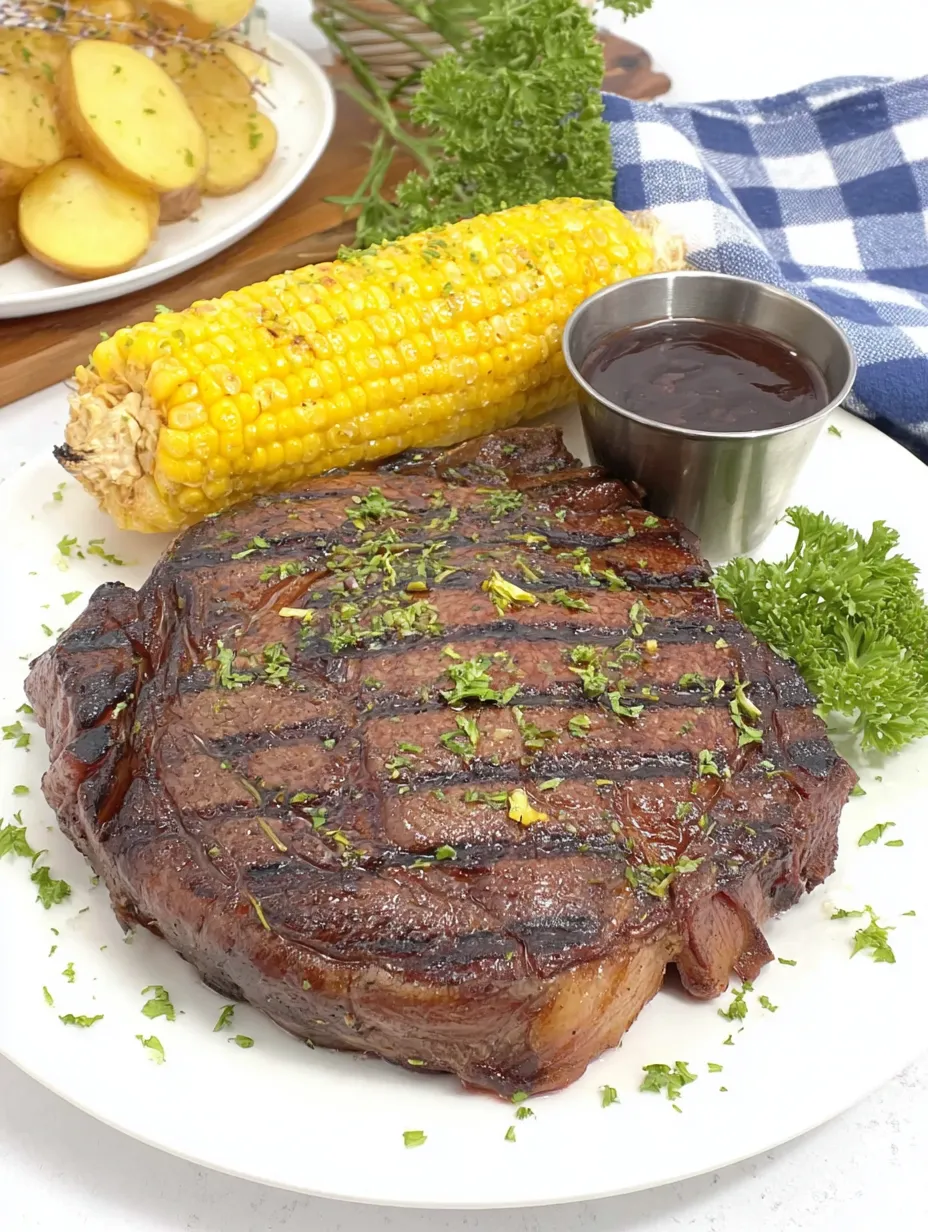 Steak mit grünen Zutaten auf einem Teller.