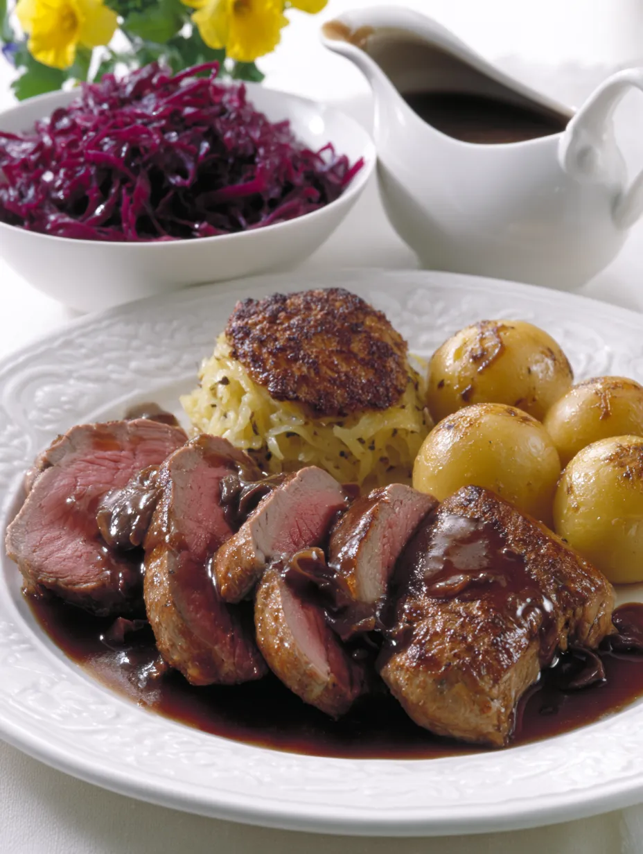 Ein weißes Teller mit gegrilltem Fleisch, Kartoffeln und Sauce.