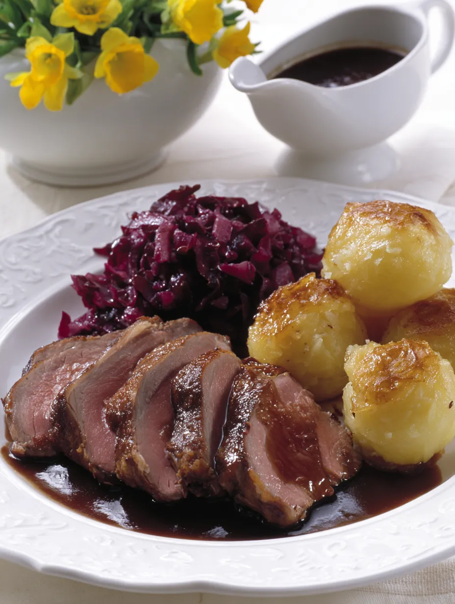 Ein weißer Teller mit einer Portion von Rindfleisch, Kartoffeln und Sauce.