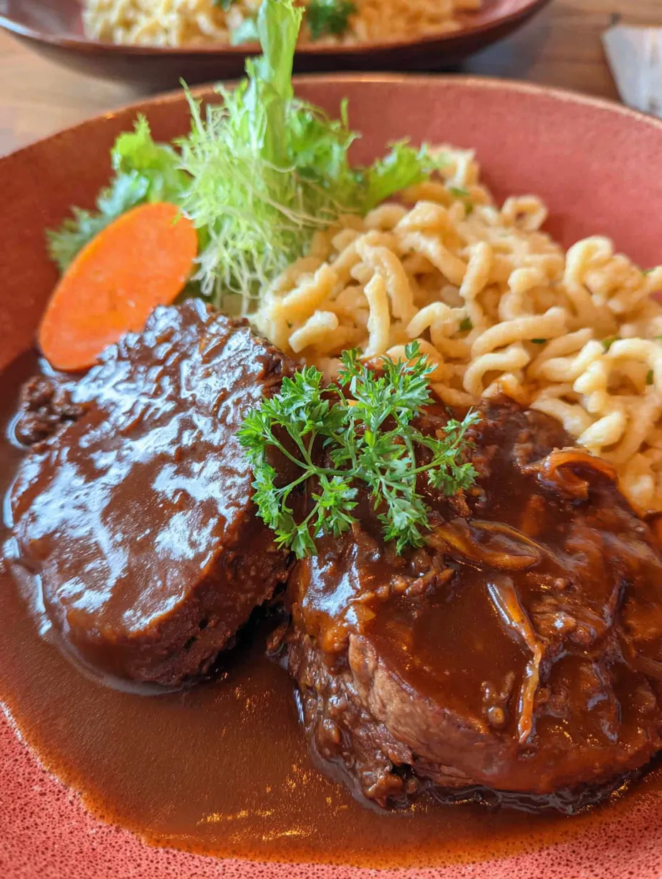 Ein Plate mit gegrilltem Fleisch, Pasta, Sauerkraut und einer Zwiebel.