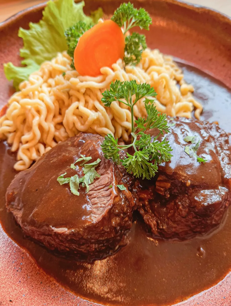 Ein gegrilltes Steak mit Sauce auf einem Teller, umgeben von einer Mischung aus Pasta, Karotten und Zwiebeln.