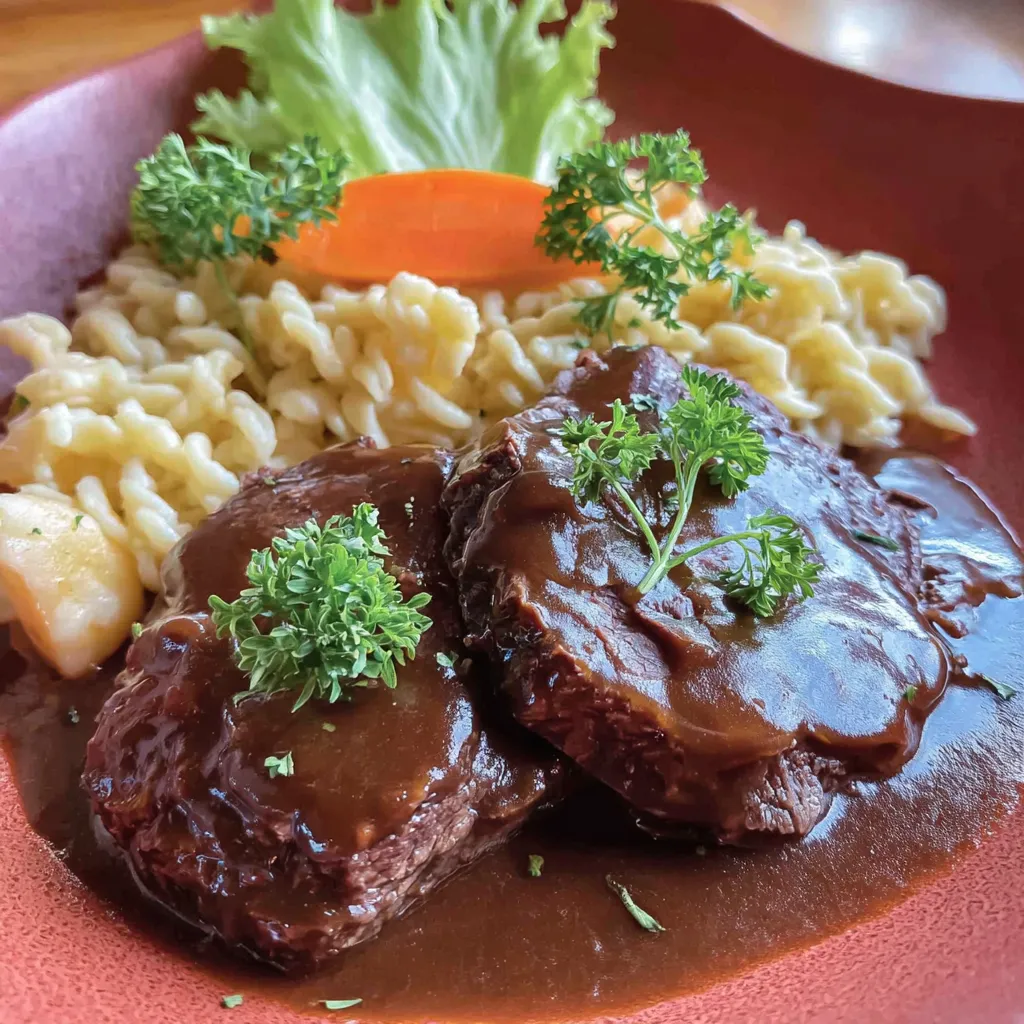 Ein rotes Teller mit Rice, Kartoffeln, Kohlrabi, Zwiebeln, Karotten und Rindfleisch.