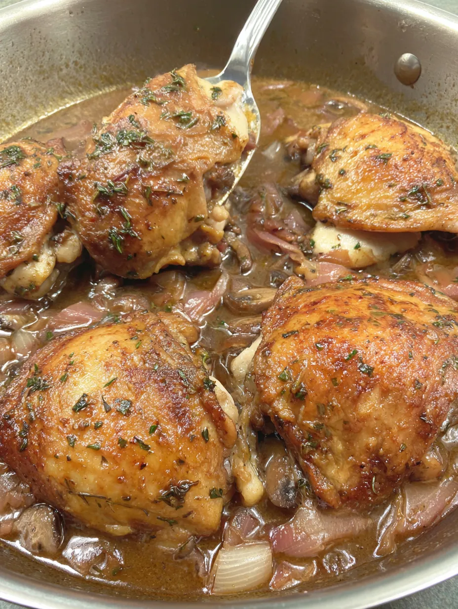 Ein Bild von Chicken mit Sauce und Zwiebeln.