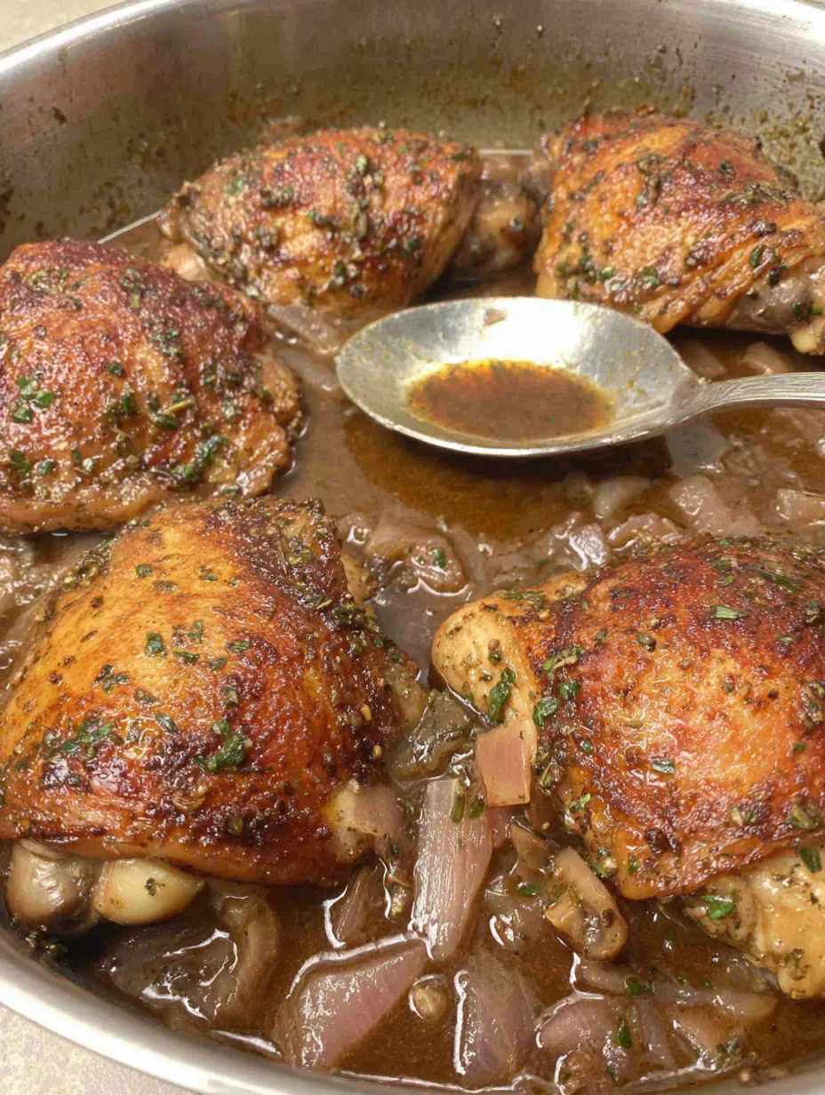 Ein Bild von einer Sauce in einem Topf, die mit Chicken und Zwiebeln gefüllt ist.