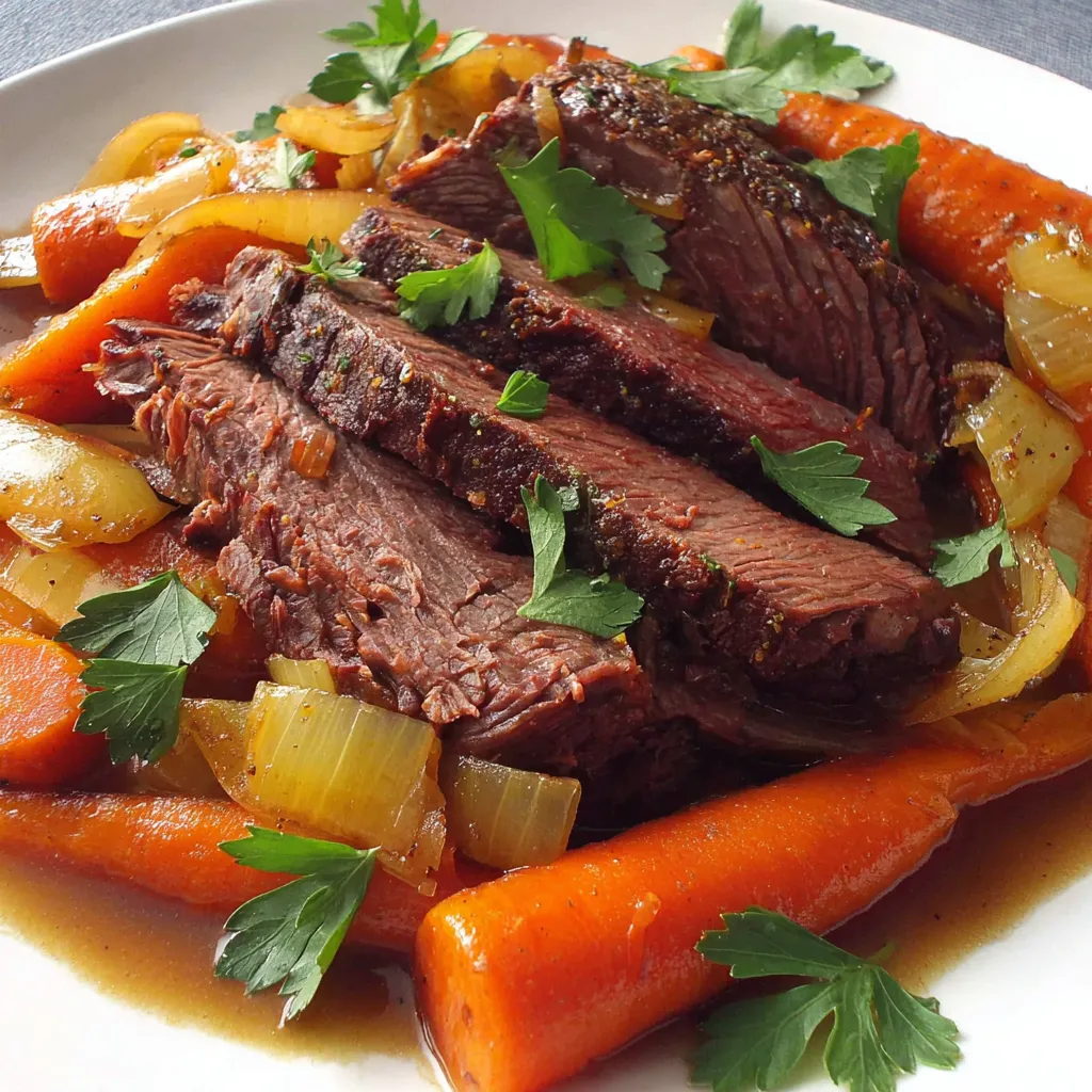 Eine Tafel mit einer Portion Rindfleisch, das mit Zwiebeln und Karotten garniert ist.