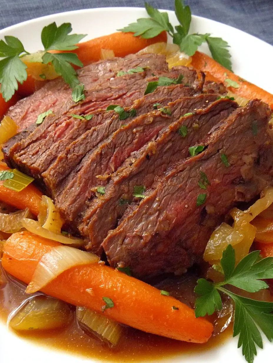 Ein Stück Rindfleisch mit grünen Zwiebeln und Karotten auf einem Teller.