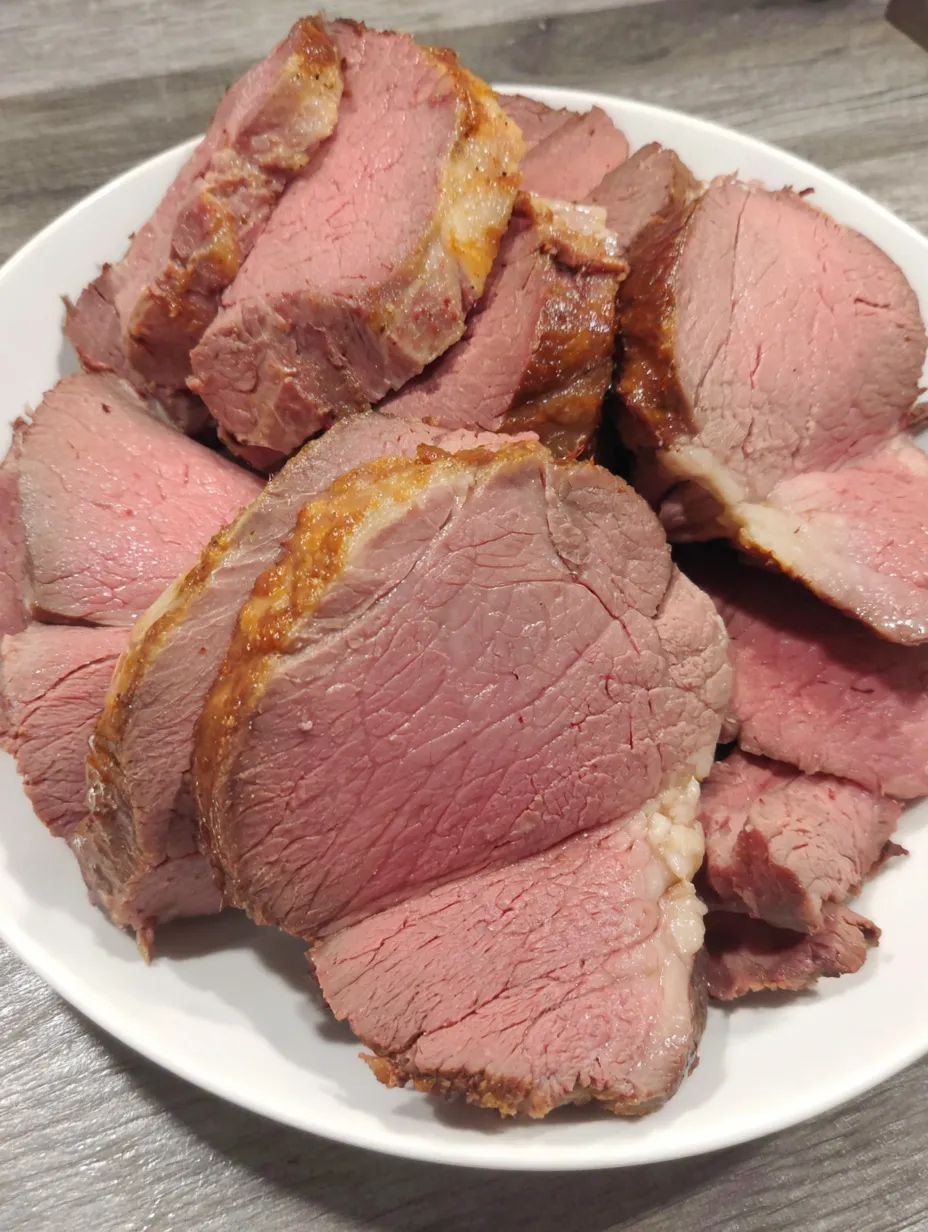 Ein weißer Teller mit rotem Fleisch auf ihm.