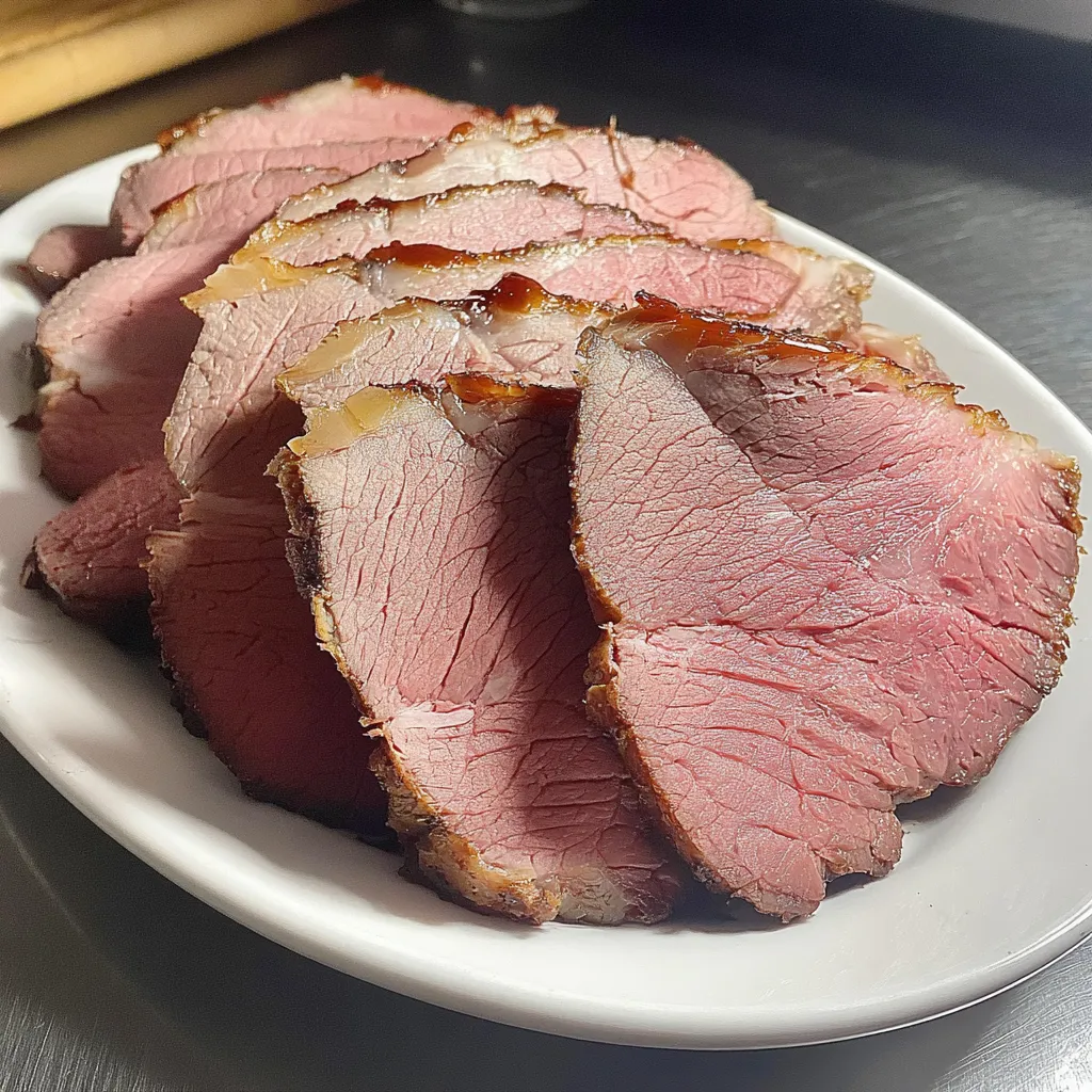 Ein weißer Teller mit rohem Fleisch auf einem Tisch.