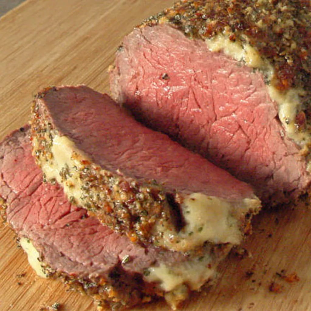 Eine rote Wurst mit gerösteten Krusten und einer Sauce darauf.