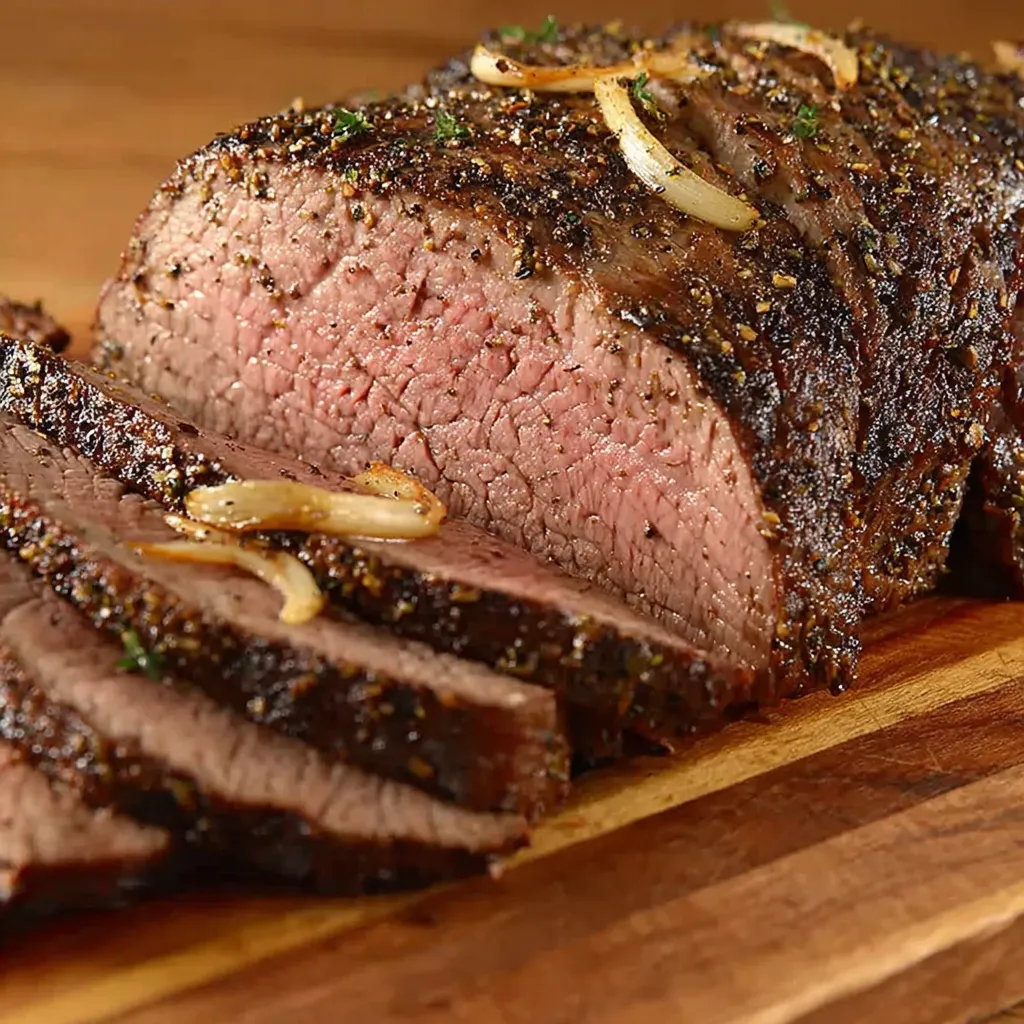 Eine Schüssel mit Steak und Zwiebeln.