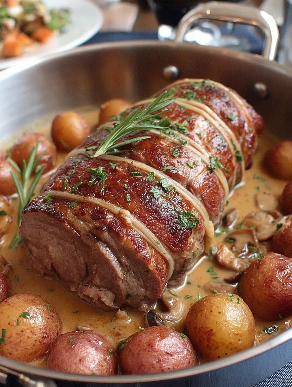 Ein Stück Fleisch in einem Kessel, das mit Zwiebeln und anderen Zutaten garniert ist.