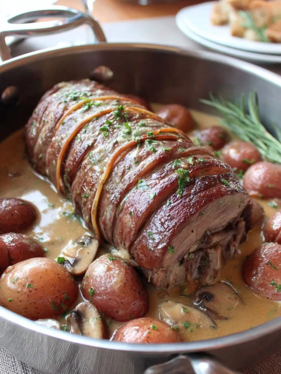 Ein Stück Fleisch in einer Kasserolle, umgeben von Kartoffeln, Zwiebeln und Pilzen.
