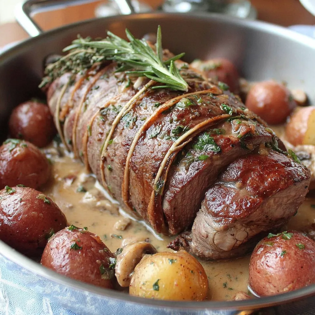 Ein Stück Fleisch mit Zwiebeln und Kräutern, in einem Kessel.