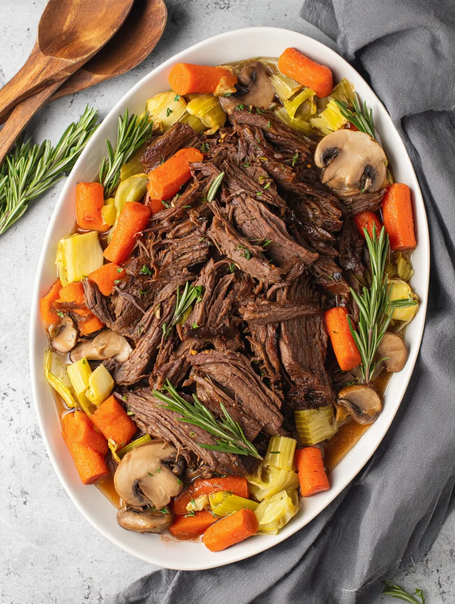 Ein weißer Teller mit einer Mischung aus Fleisch, Zwiebeln, Karotten und Champignons.