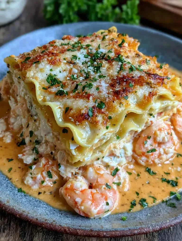 Ein Bild von einer Tasse mit einer Art von Lasagne, die mit Zwiebeln und Krusten garniert ist.