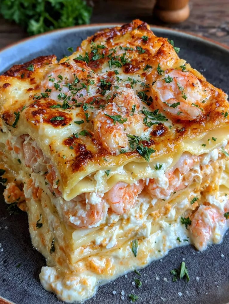 Eine große, frittierte Lasagne mit Käse, Zwiebeln und Shrimps auf einem Teller.