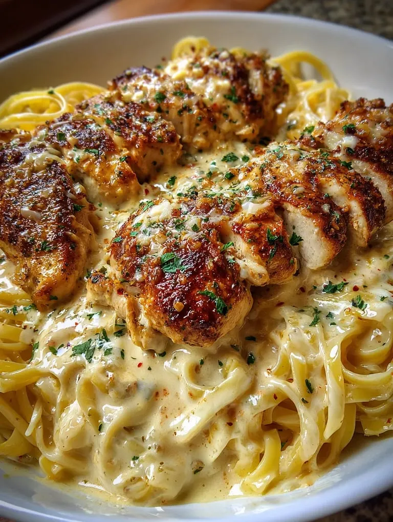 Eine Platte mit Spaghetti und Chicken.