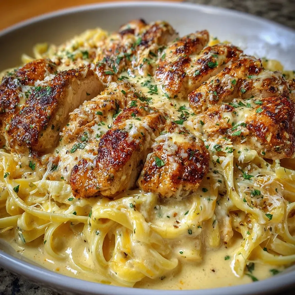 Ein Schüssel mit Pasta und Zwiebeln.