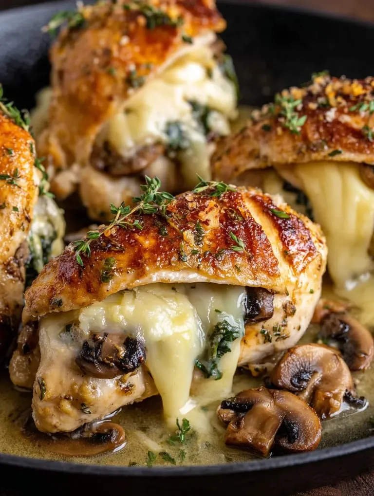 Eine Schüssel mit gegrillten Chickenbrust mit Sauce und Mushrooms.