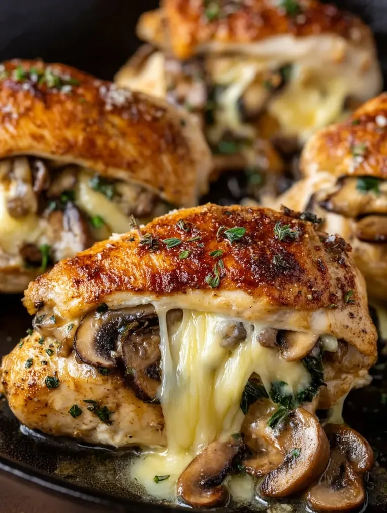 Eine Sch&uuml;ssel mit Chicken mit Mushrooms und Sauce.