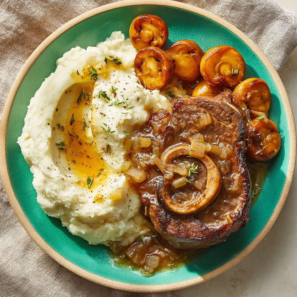 Ein Plate mit gegrilltem Steak, Kartoffeln und Zwiebeln.