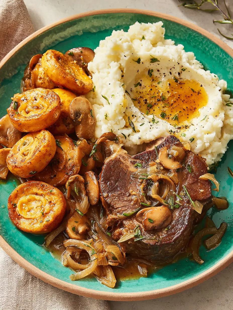 Ein Plate mit gegrilltem Fleisch, Reis, Kartoffeln, Mushrooms und Zwiebeln.