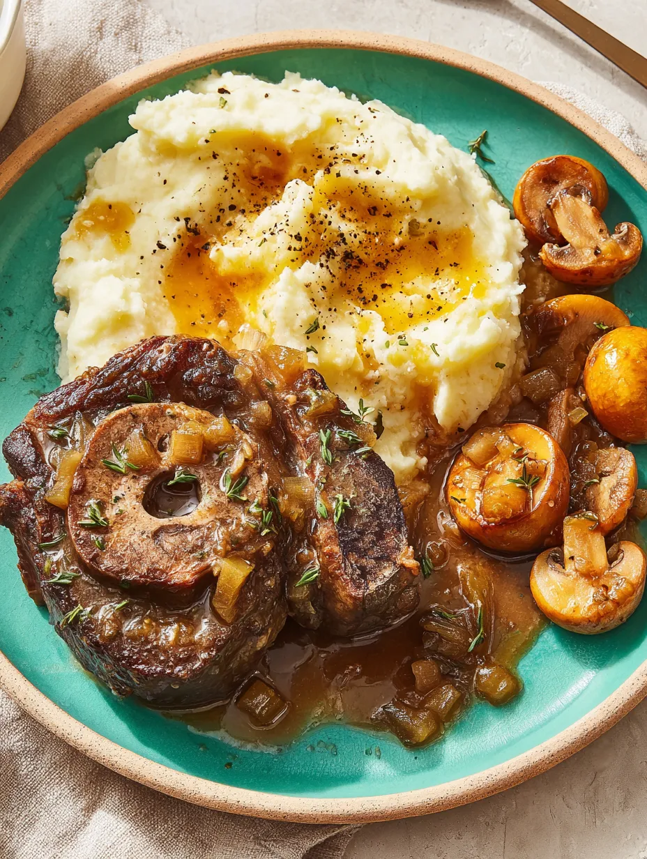 Eine Platte mit gegrilltem Fleisch, gegrillten Champignons, Kartoffeln und Sauce.