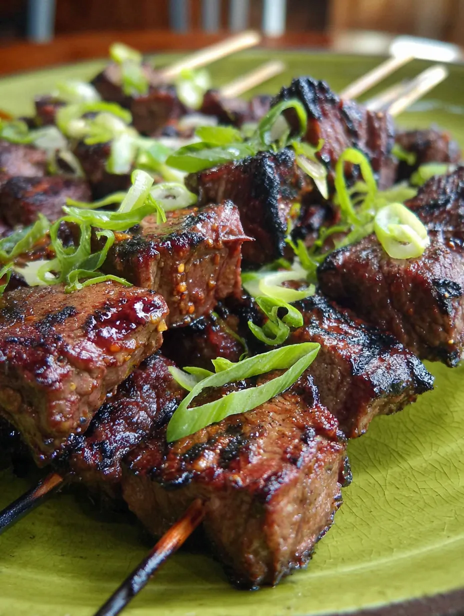 Eine Platte mit grillierten Steaks, die mit Zwiebeln und Knoblauch garniert sind.