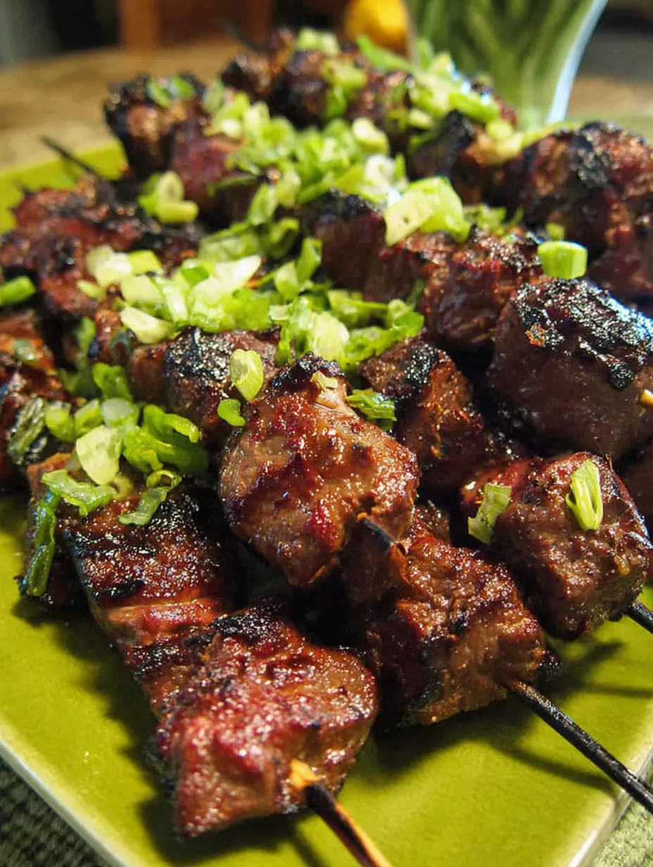 Eine Platte mit grillierten Fleischstiften und gr&uuml;nen Zwiebeln.