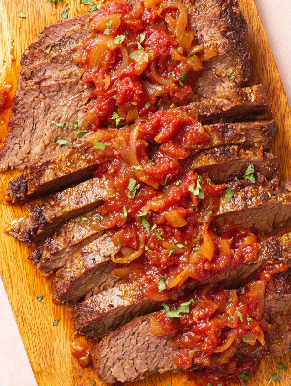 Eine Tafel mit einem Stück Rindfleisch, das mit Tomaten und Zwiebeln garniert ist.