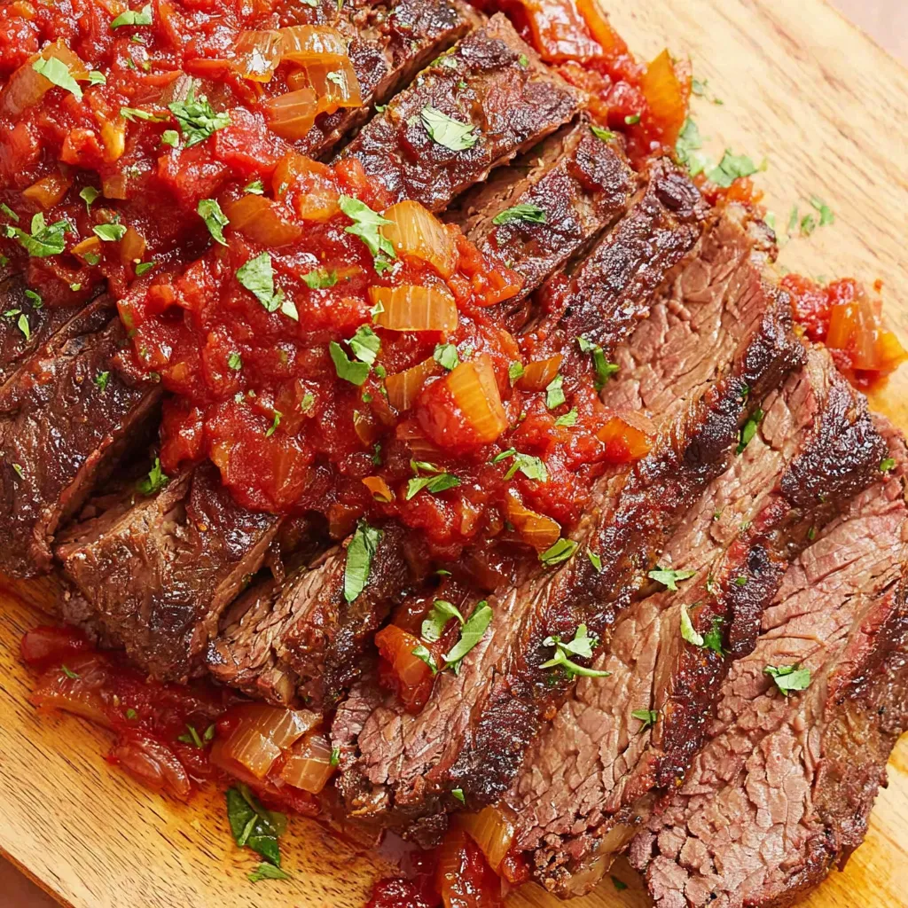 Eine Tafel mit einer Portion Rindfleisch, das in Sauce getaucht ist.