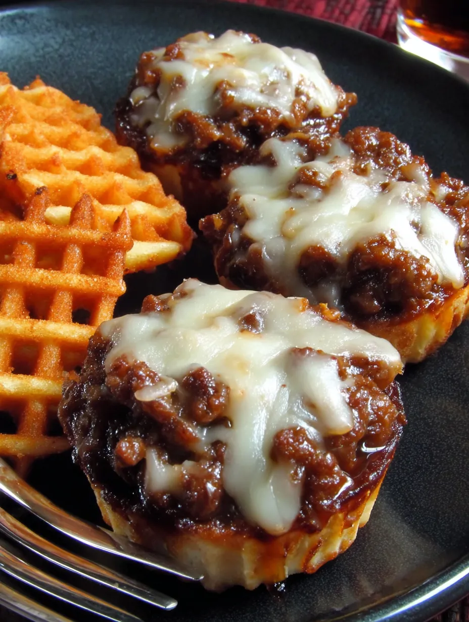 Ein Plate mit Waffeln und Käse-Topped-Burger-Cups.