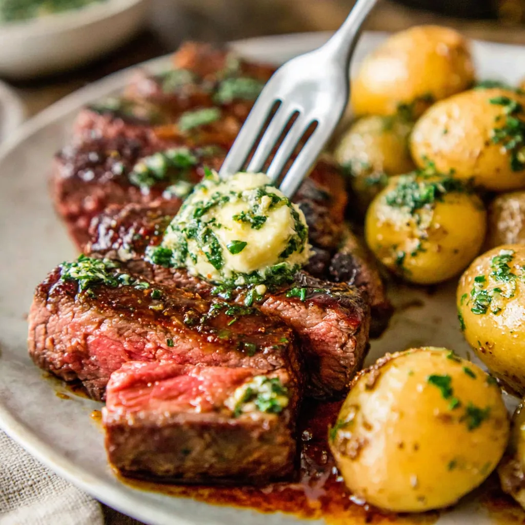 Eine Platte mit Steak, Kartoffeln und Potatoes.
