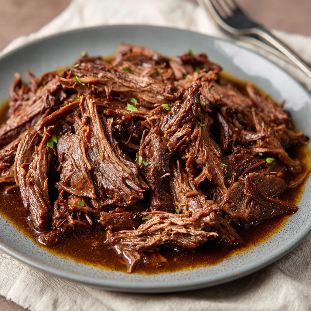 Ein Plate mit einer Mischung aus Fleisch und Sauce auf einem Tisch.