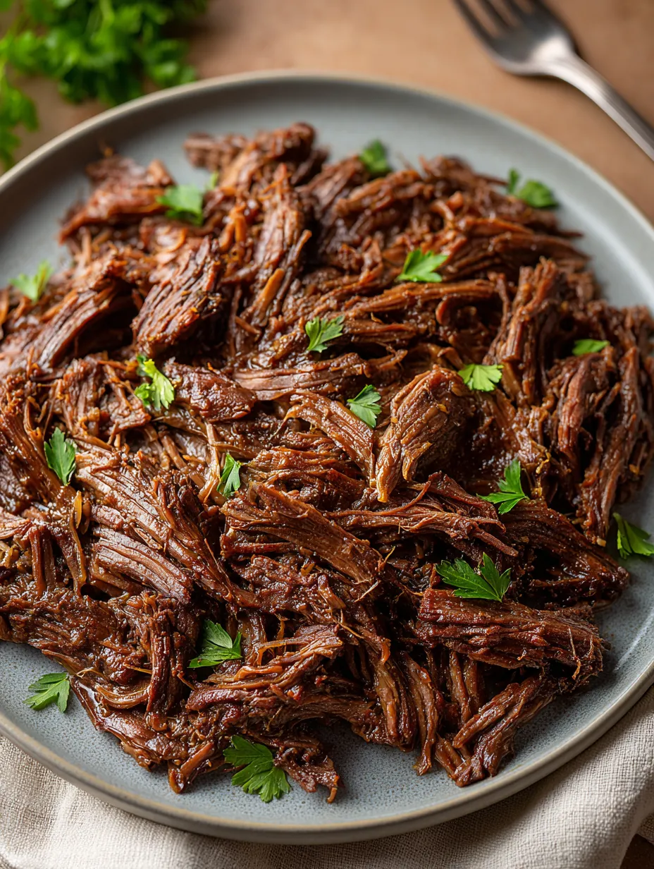 Ein Plate mit braunem Fleisch, das mit Parsley garniert ist.