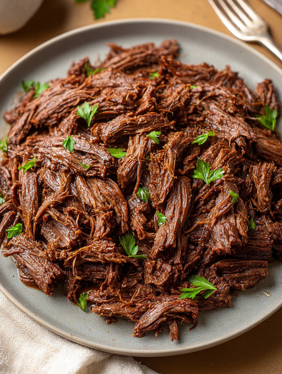 Eine Platte mit braunem Fleisch, das in Stücke geschnitten wurde, auf einer Platte.