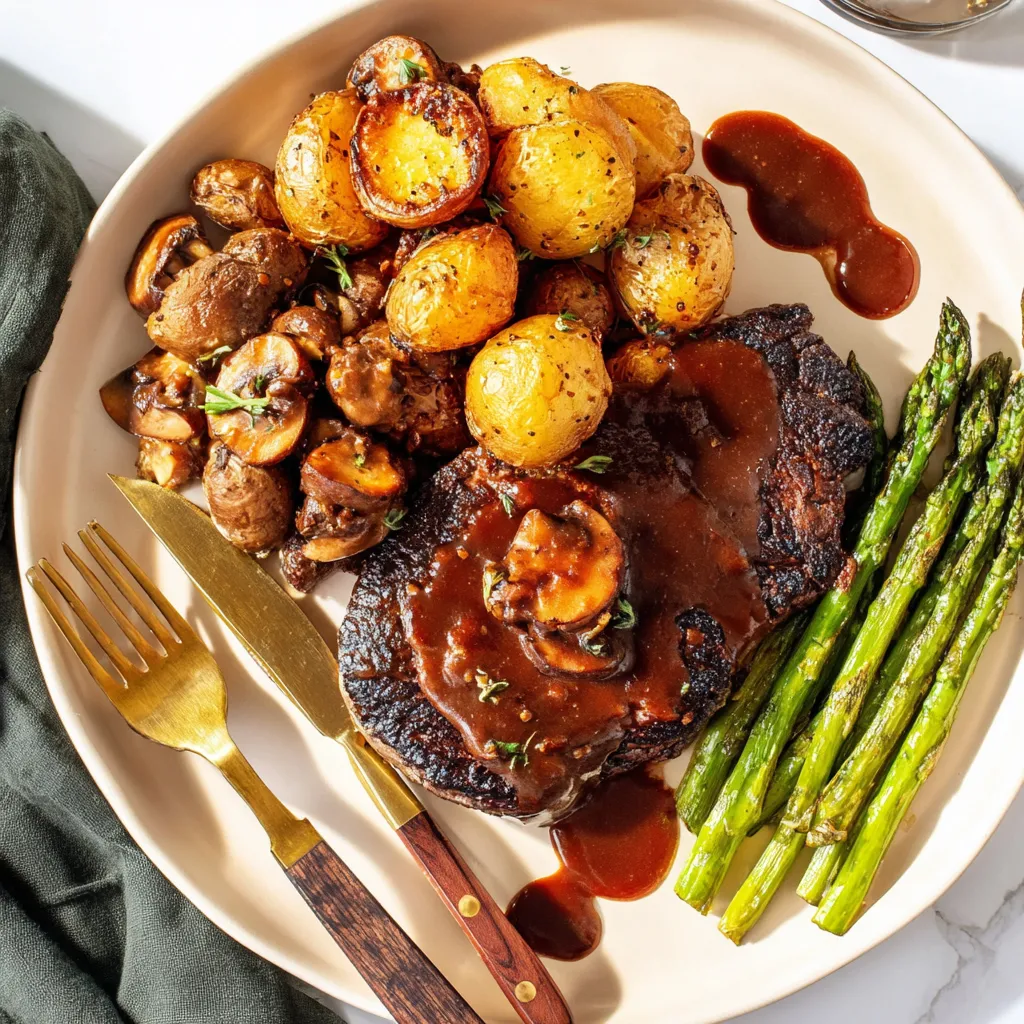 Ein Plate mit Steak, Asparagus, Mushrooms und Sauce.