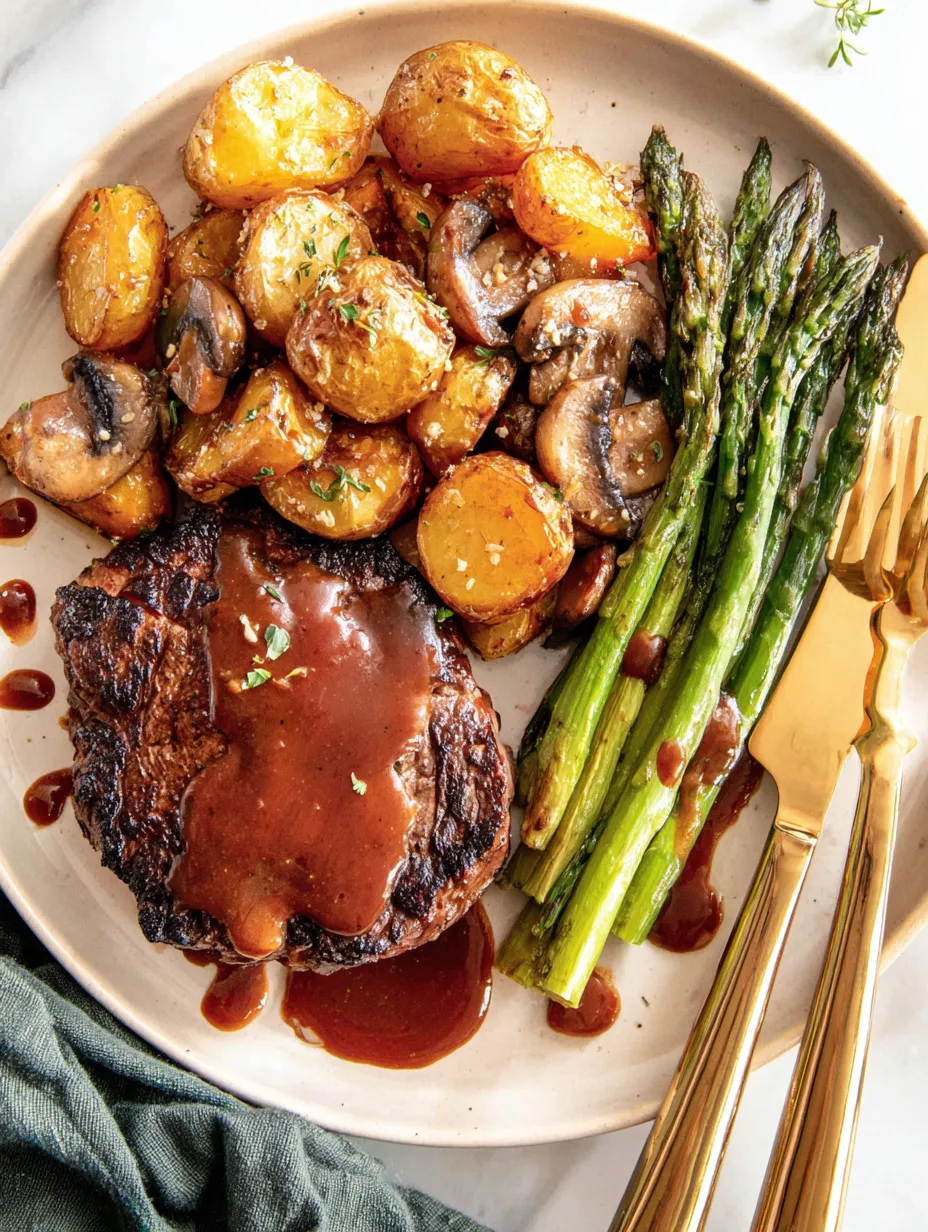 Ein Plate mit Steak, Asparagus und Kartoffeln.
