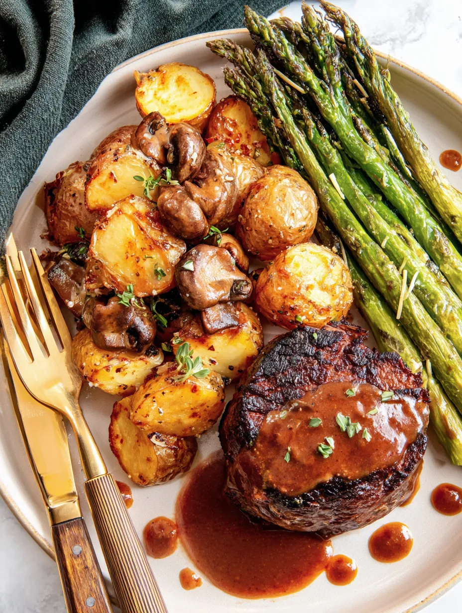 Ein Plate mit gegrilltem Steak, Asparagus, Kartoffeln und Champignons.