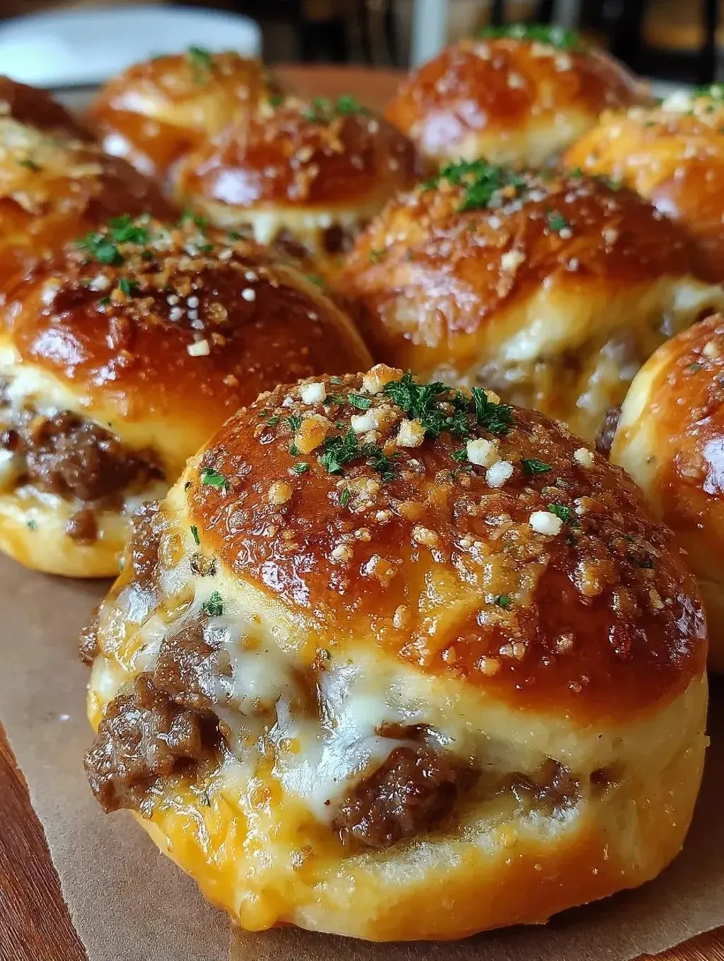 Eine Schicht von Käse und Fleisch auf einem Baguette.