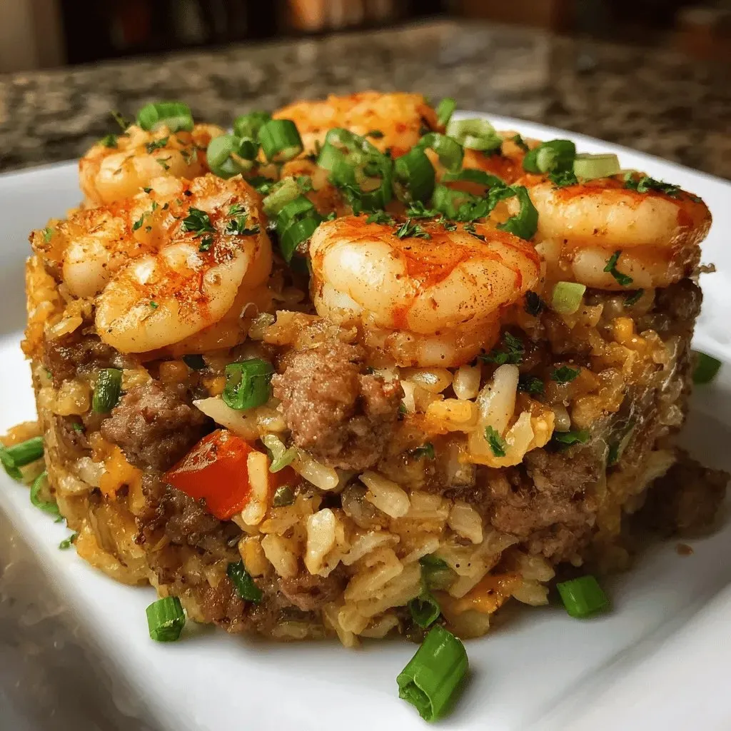 Ein weißer Teller mit einer Kombination aus Rice, Shrimp und Zwiebeln.