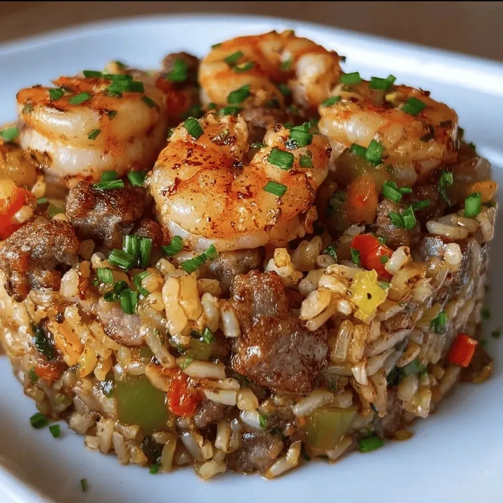 Ein Bild von einer Rice-Kugel mit Shrimp, Garnelen und Zwiebeln auf einem weißen Teller.