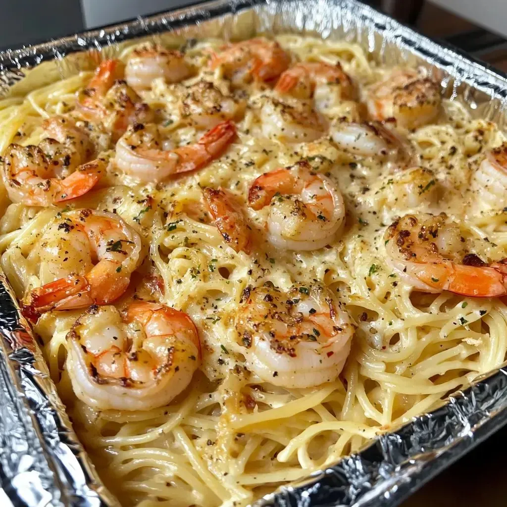 Eine Aluminiumfolie mit einer Pasta-Garnitur, die aus Shrimp, Käse und Pasta besteht.
