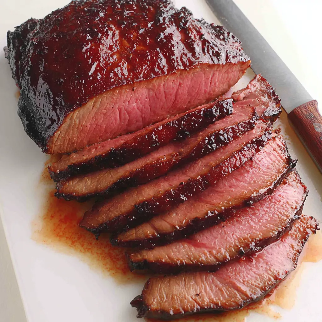 Eine Tafel mit einem Stück rohes Fleisch, das in Scheiben geschnitten wurde.