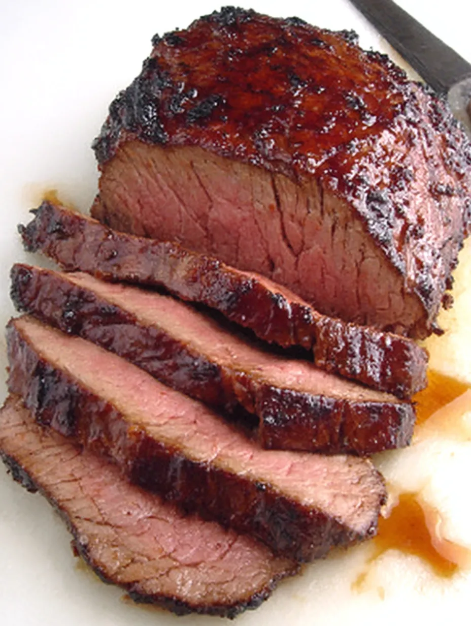 Eine prägnante Bildbeschreibung auf Deutsch lautet: &quot;Ein Stück Rindfleisch auf einem Teller, das in der Mitte zerlegt wurde.