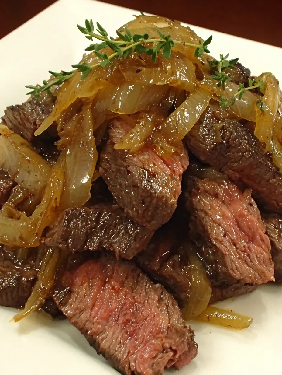 Eine Sch&uuml;ssel mit Steak und Zwiebeln.